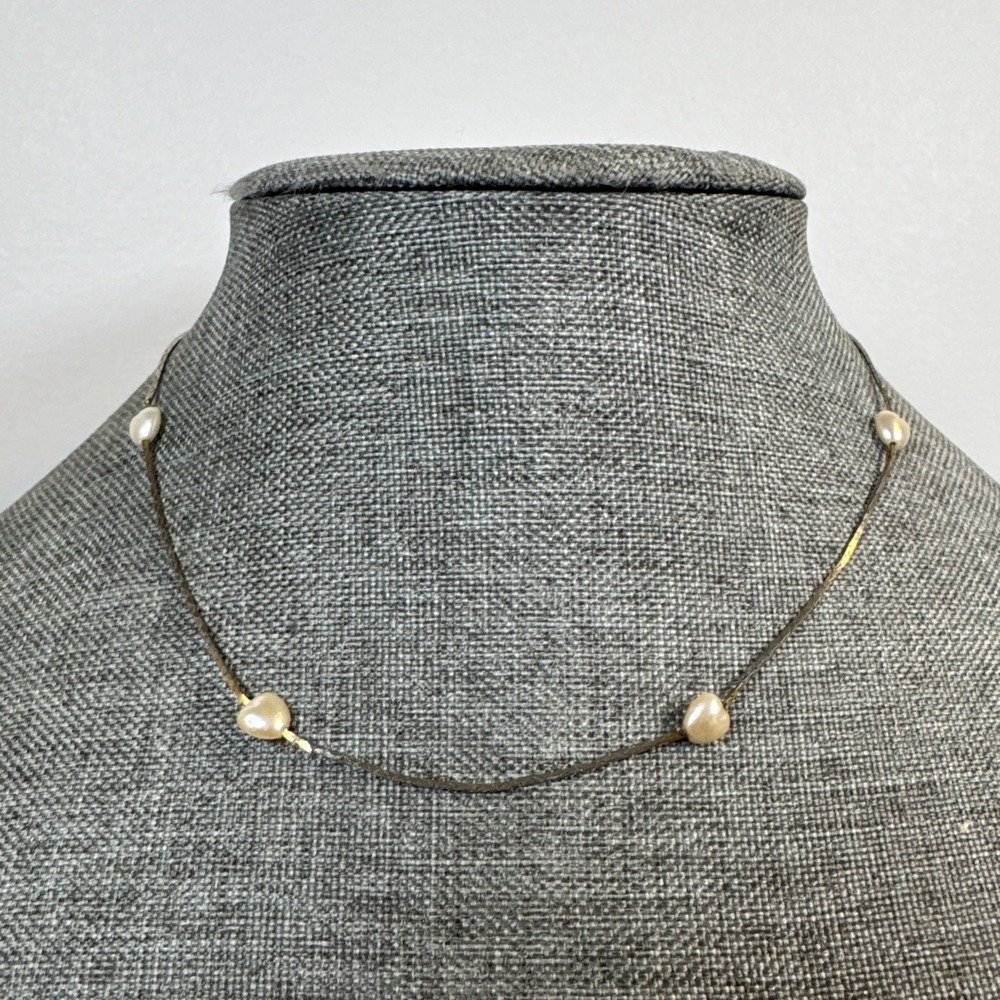 Vintage KOREA stamped Silver & heart shaped pearl chain necklace 15"